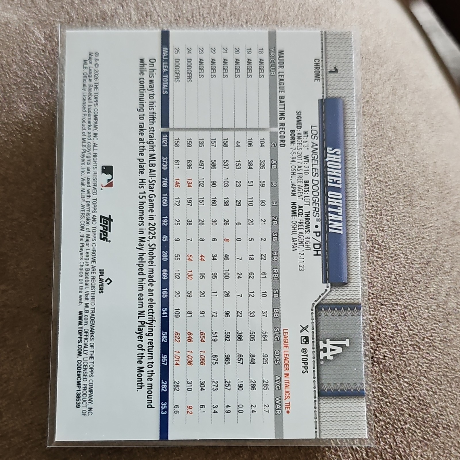 2026 Topps Chrome Shohei Ohtani Refractor Base Card #1 NM_M