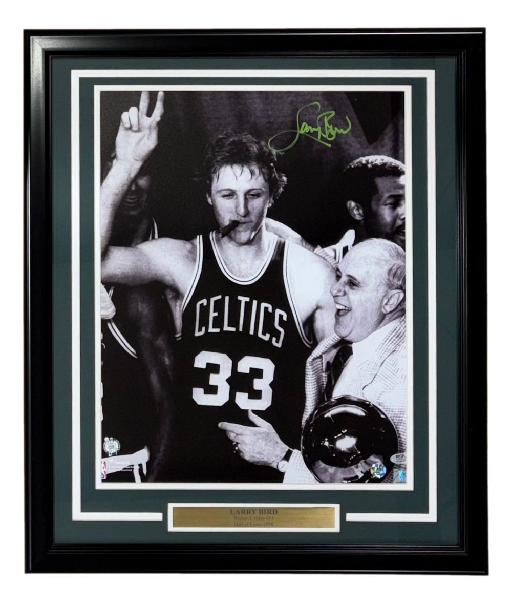 Larry Bird Signed Framed 16×20 Boston Celtics w/ Auerbach Photo 2 Bird+PSA/DNA