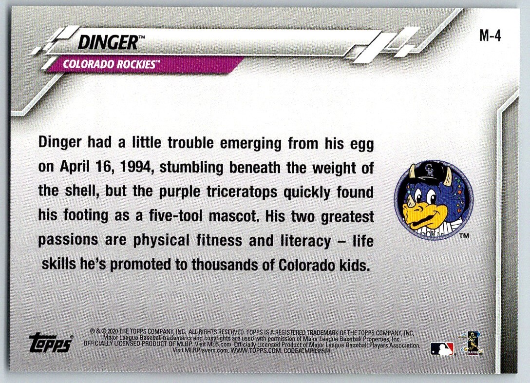 2020 Topps Opening Day Mascots DINGER #M-4 Colorado Rockies
