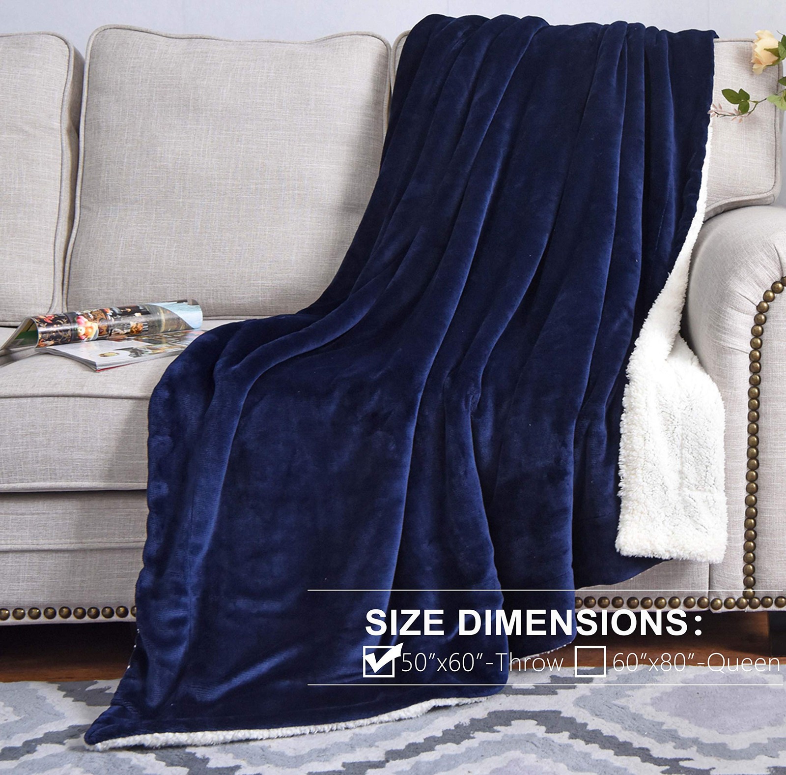 NANPIPER Sherpa Blanket Warm Blankets for Winter Super Soft Throw, Navy Blue