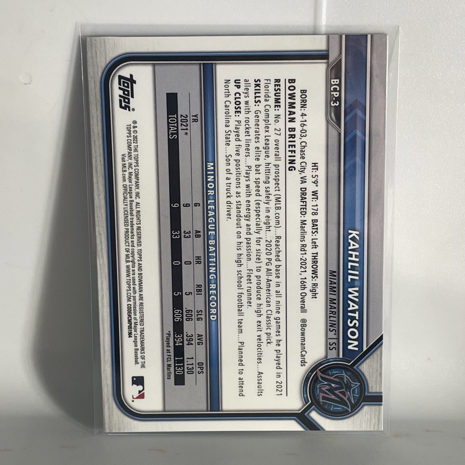 KAHLIL WATSON – 2022 Bowman Sapphire Edition – Chrome 1st Prospects #BCP-3