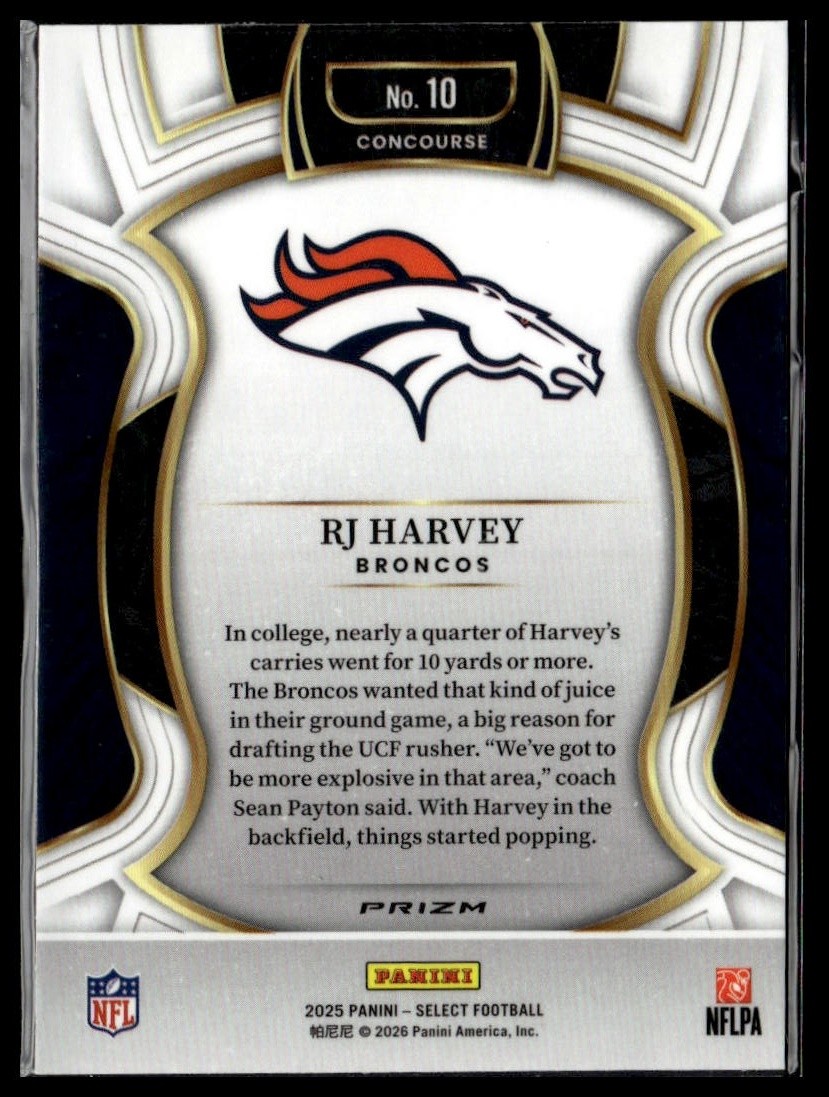 2025 Panini Select #10 RJ Harvey Black and Red Prizm Shock RC