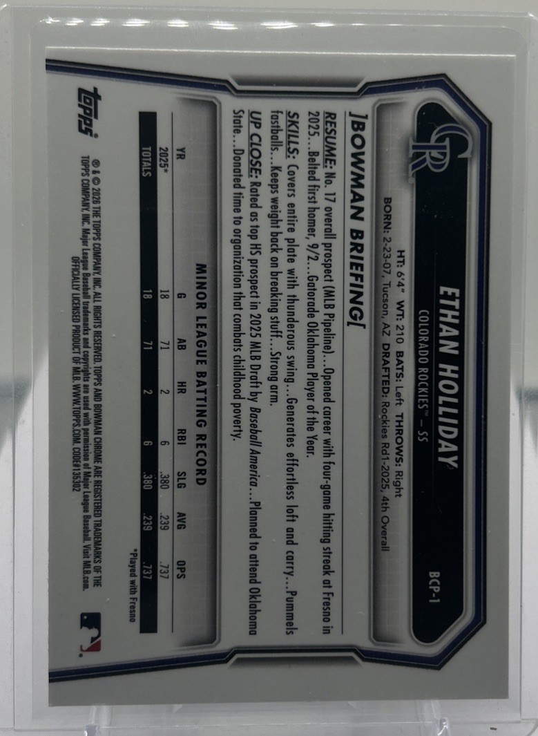 Ethan Holliday RC SSP League Logo Refractor 2026 Bowman Chrome #BCP-1 Rockies