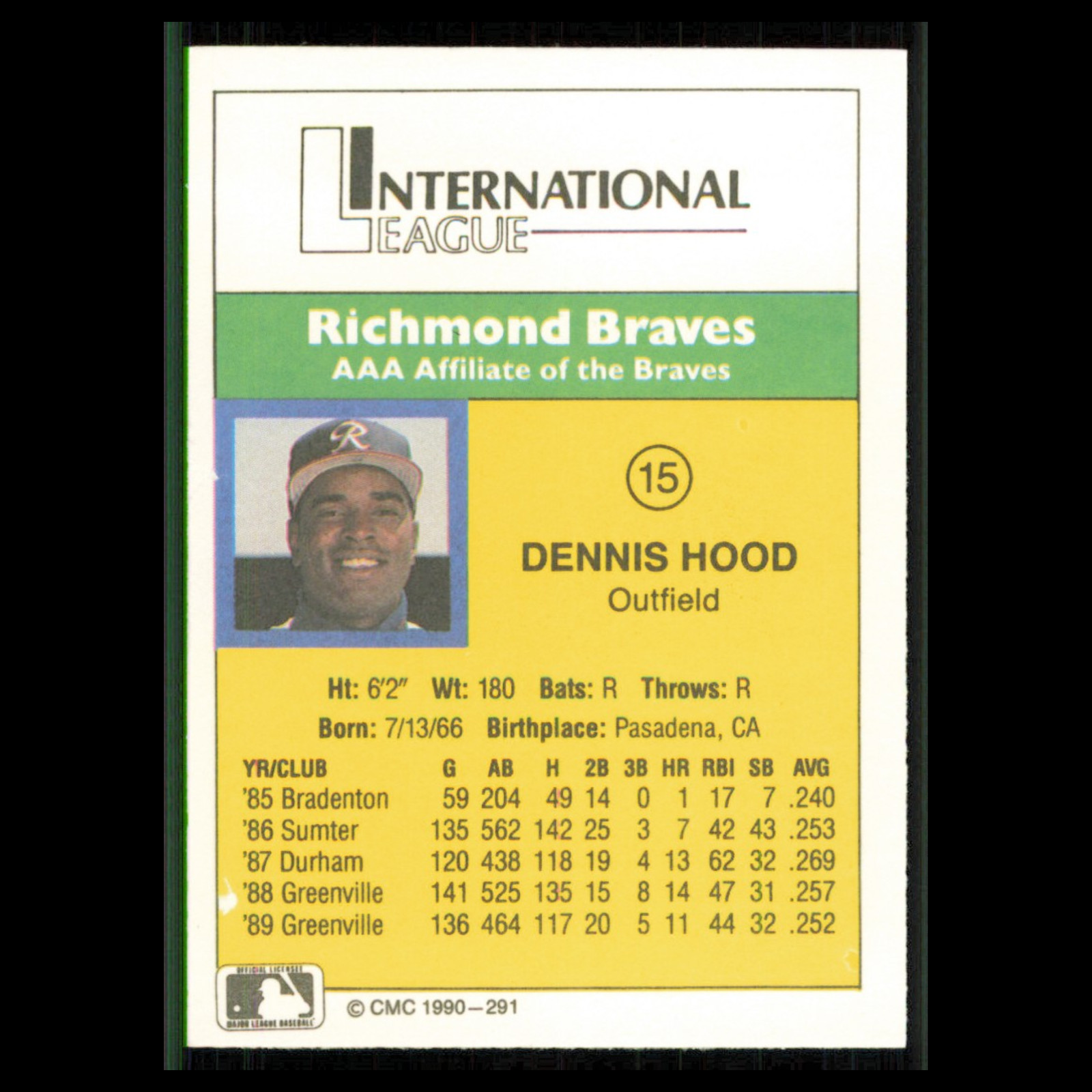 Dennis Hood #291 1990 CMC Minor League Richmond Braves Baseball Card MLB NM