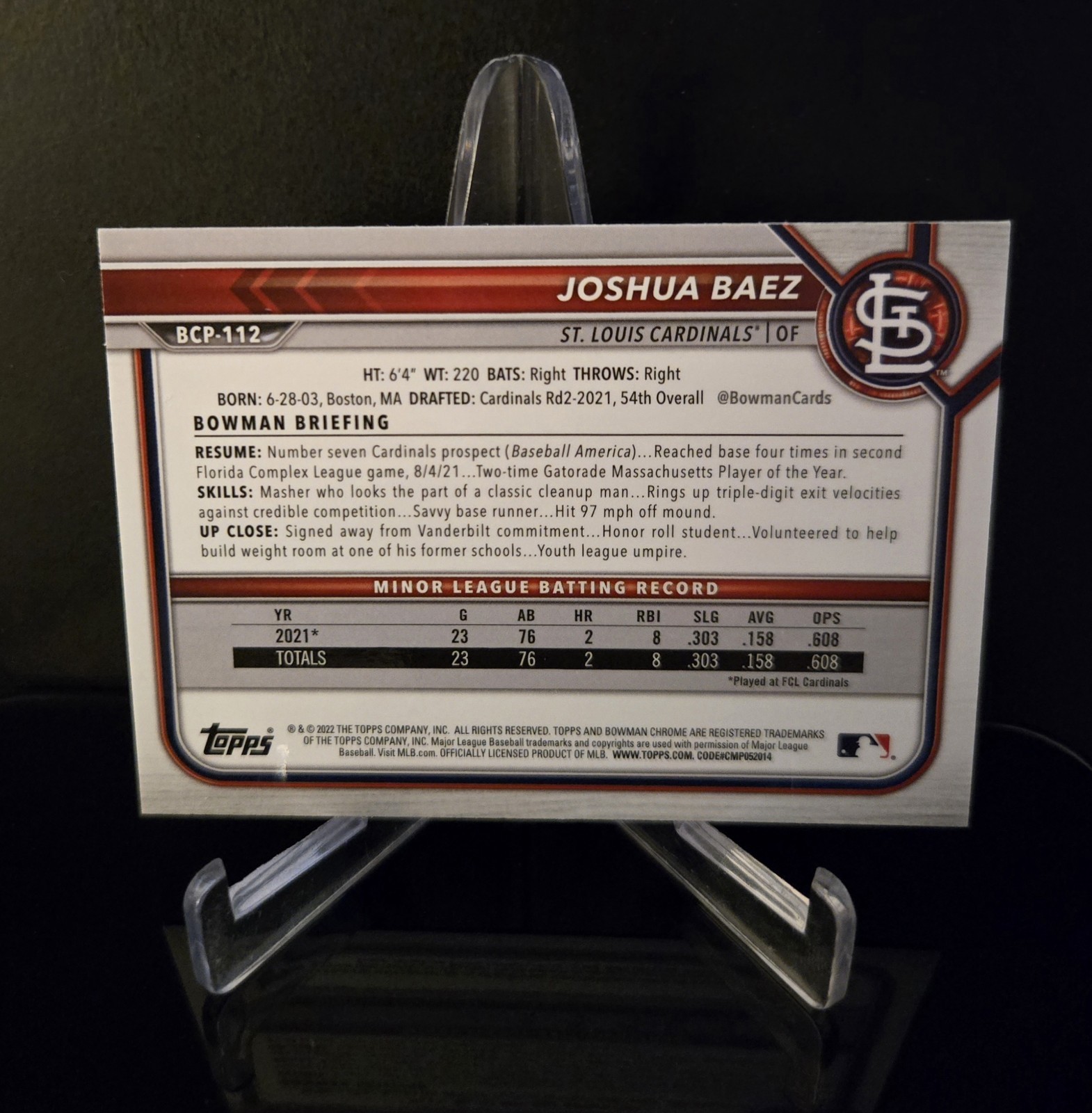 JOSHUA BAEZ 🔥 SP 2022 Topps 1st Bowman Chrome Prospects Mojo Refractor BCP-46