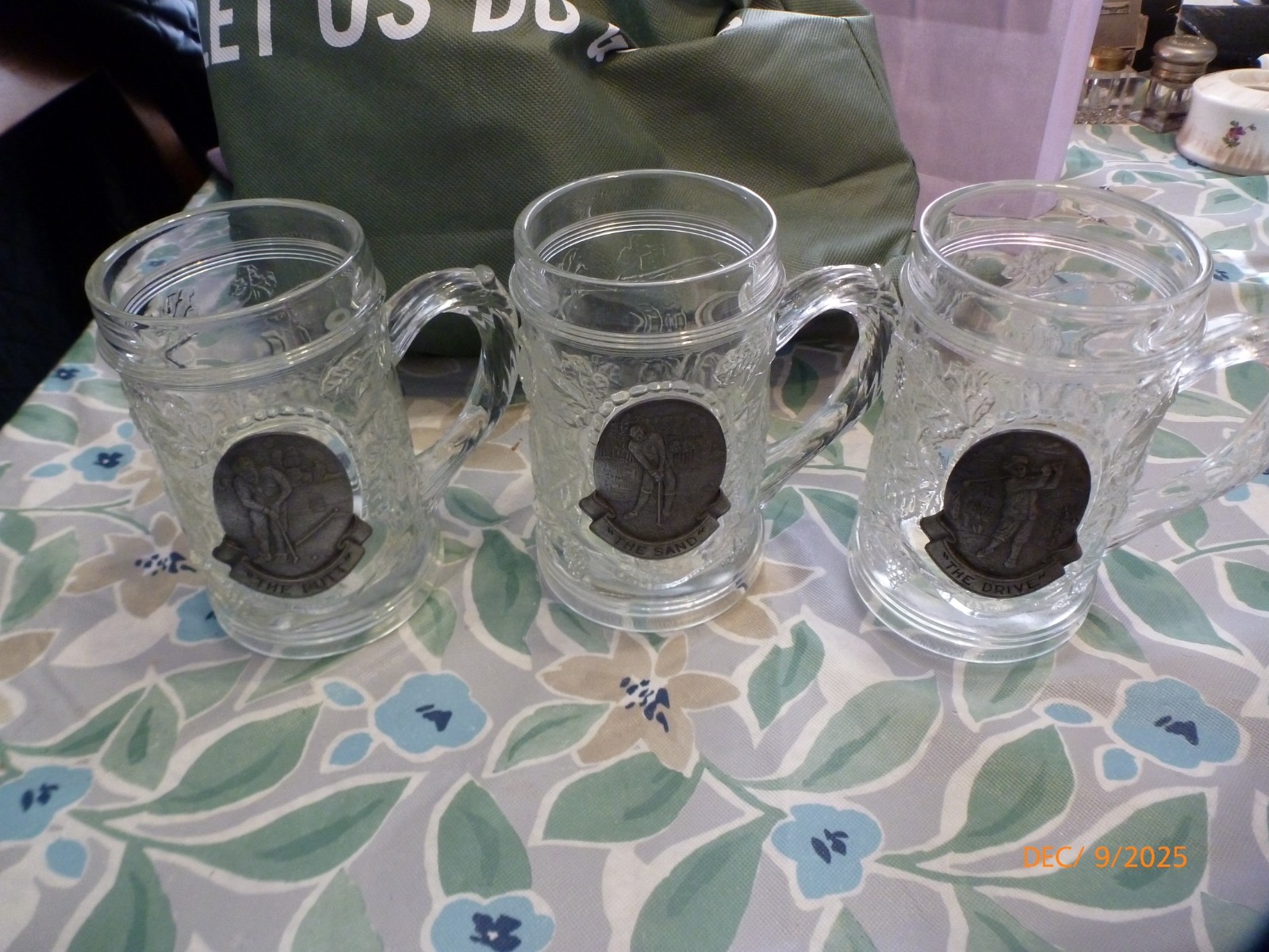 GOLF BEER STEINS Pewter Medallion Mug Glasses Barware Lot of 3 Vintage MINT COND