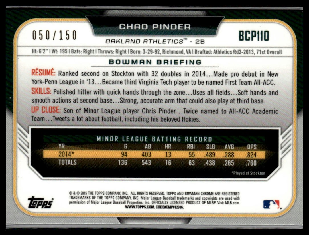 2015 Bowman #BCP110 Chad Pinder Chrome Prospects Blue Refractors #/150