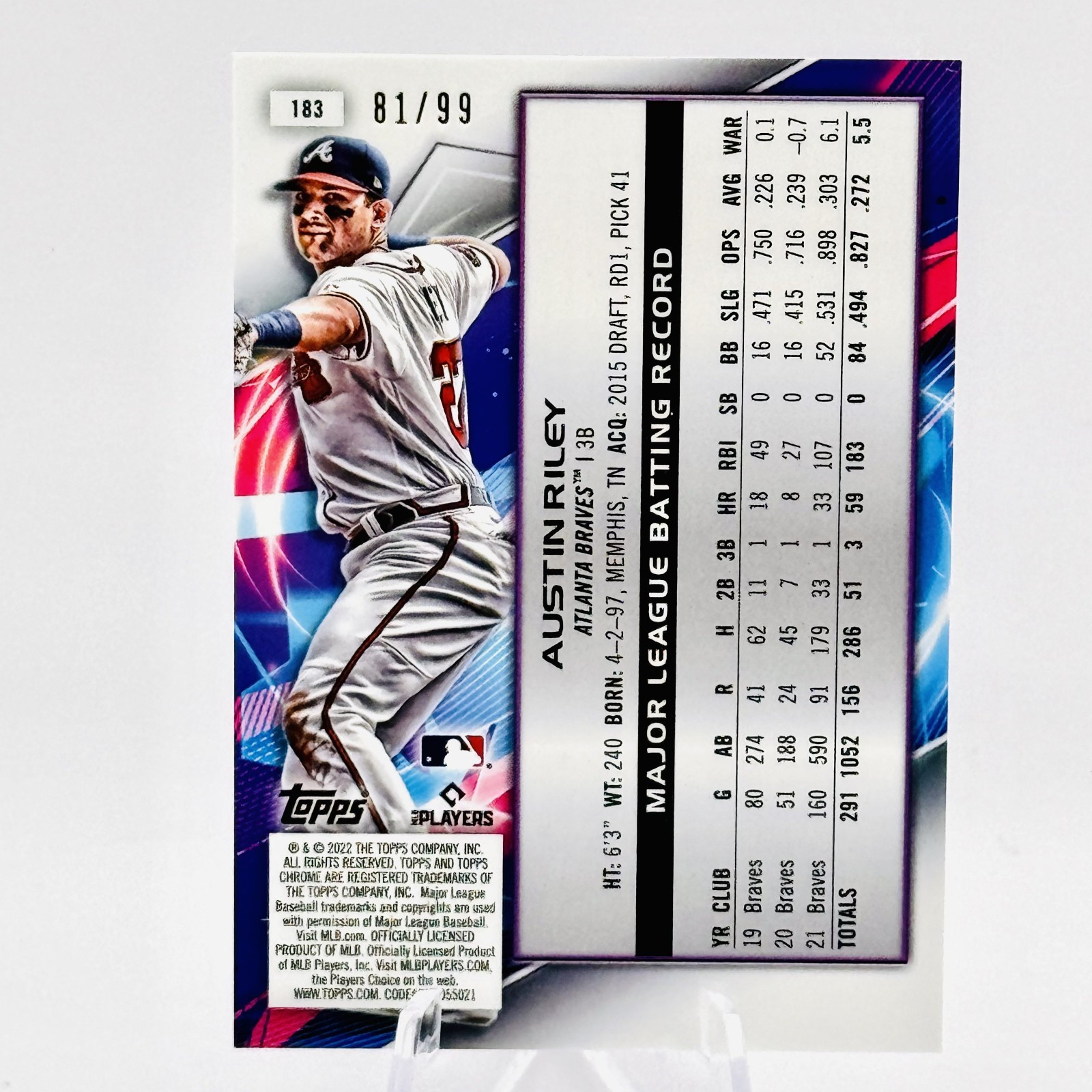 AUSTIN RILEY 2022 Topps Chrome Cosmic Blue Moon Refractor /99 #183 – Braves
