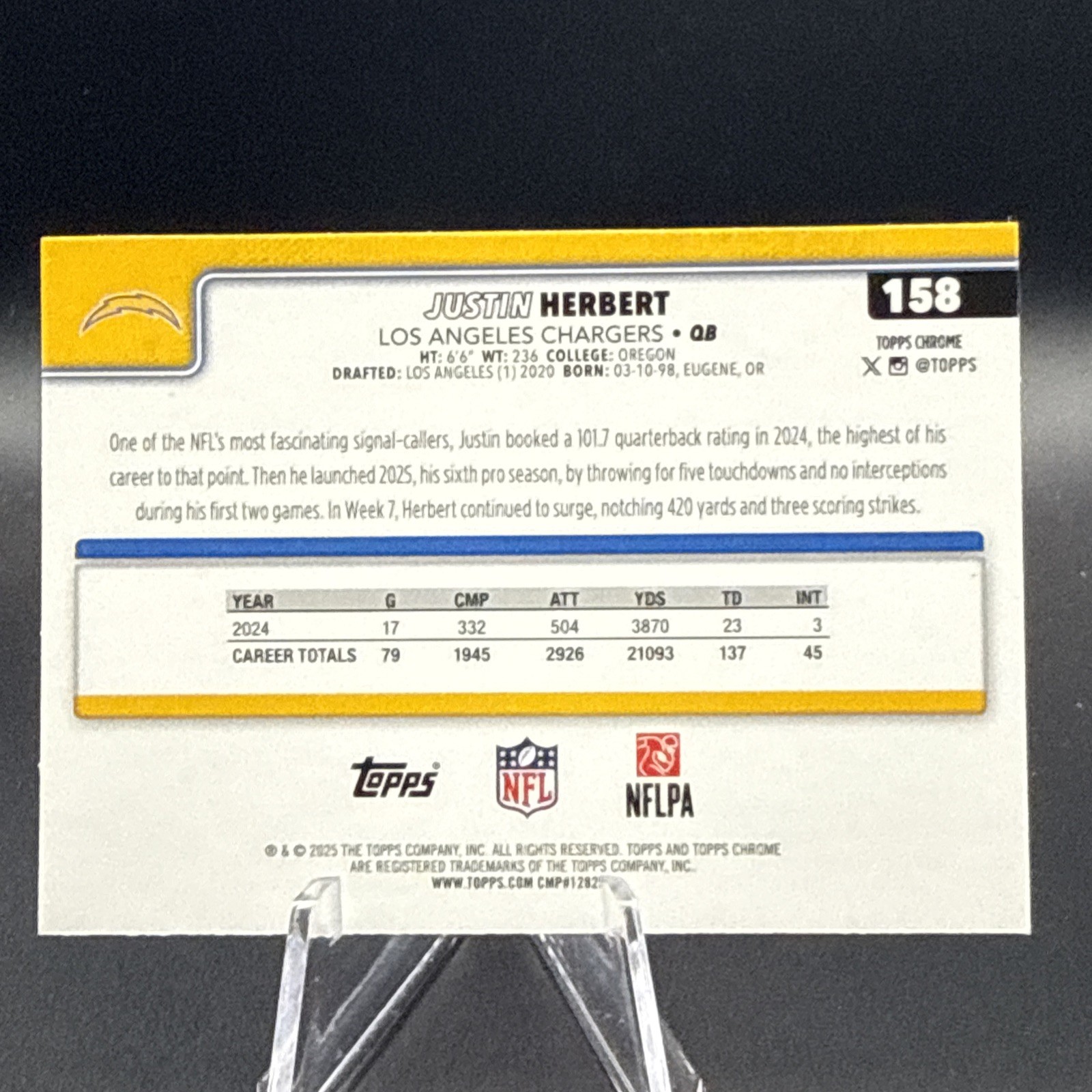 2025 Topps Chrome – Justin Herbert #158 Aqua Refractor /199