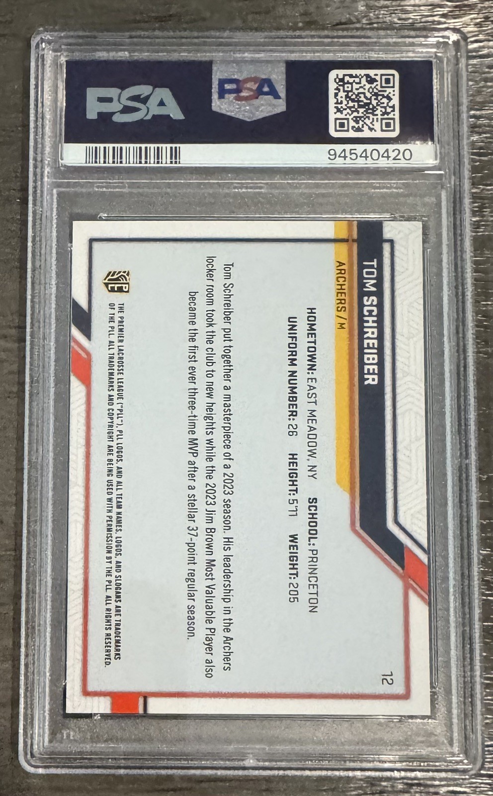 2023 Premier Lacrosse League PLL Snapshot #12 Tom Schreiber Auto PSA 10