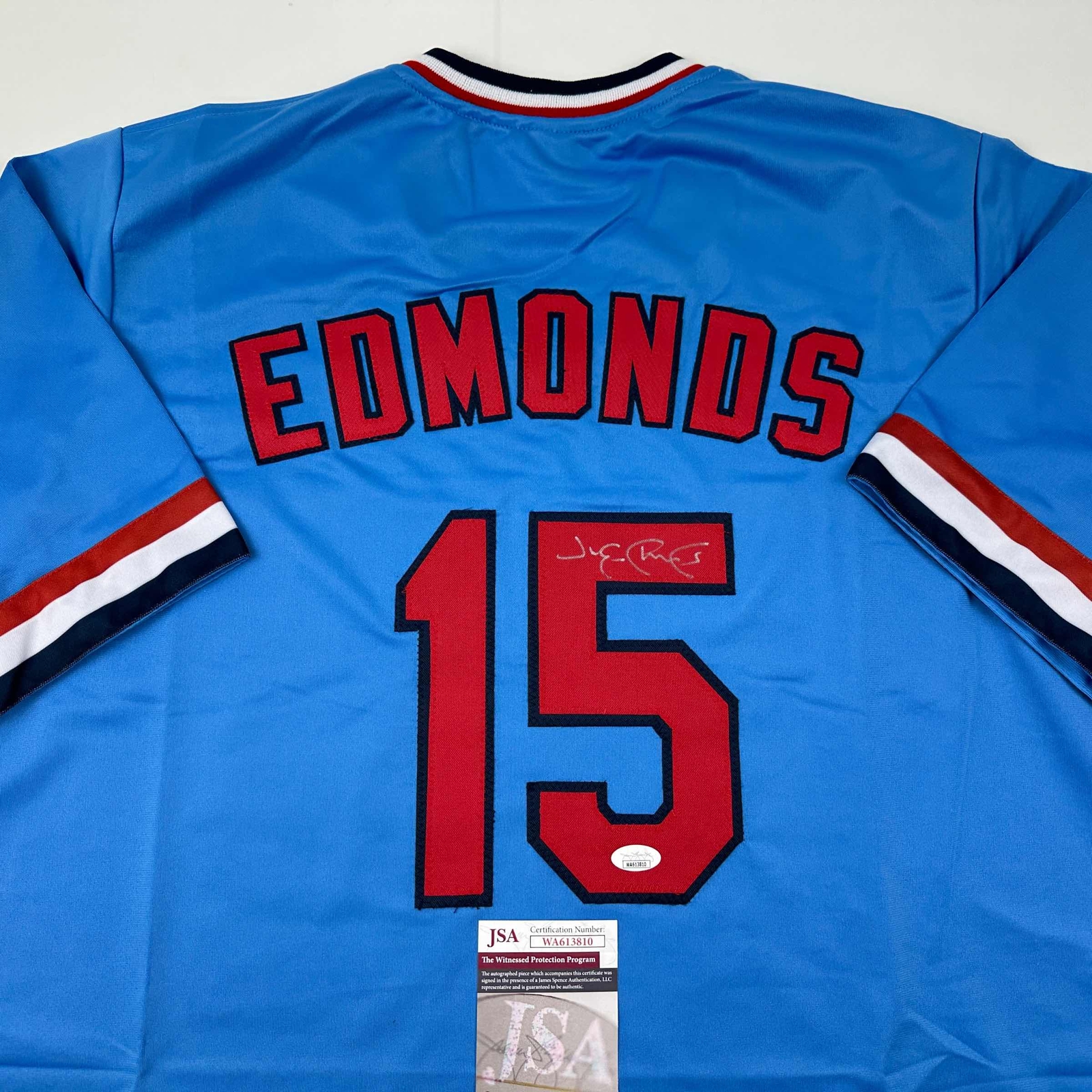 Autographed/Signed Jim Edmonds St. Louis Blue Baseball Jersey JSA COA