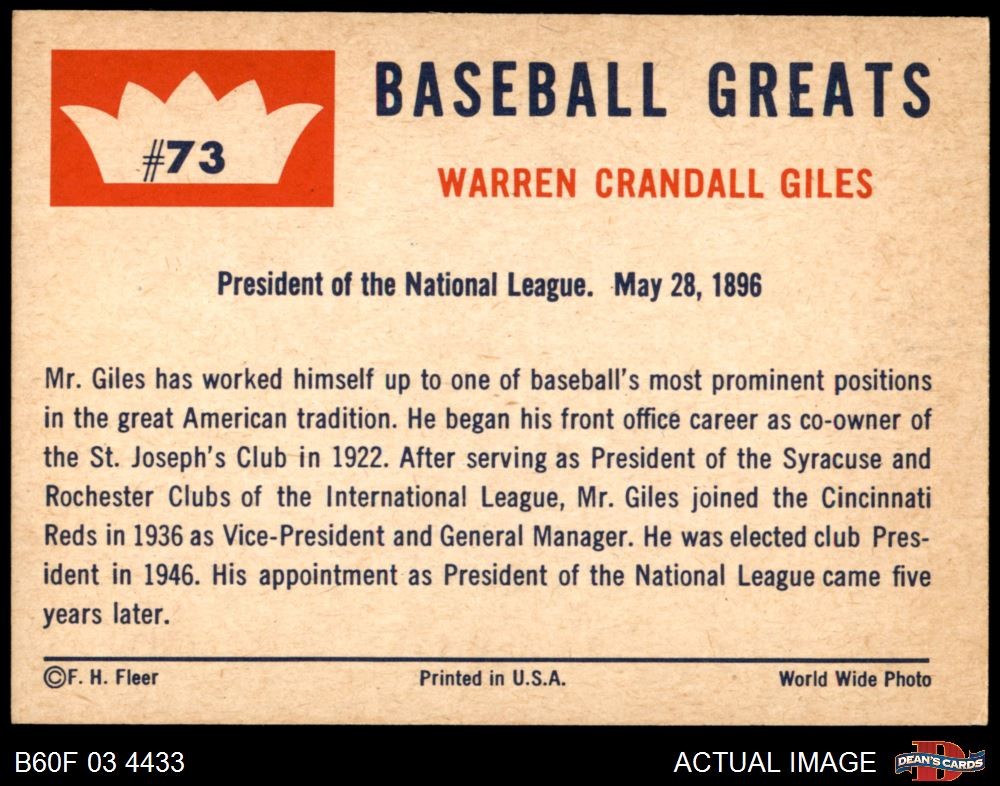 1960 Fleer #73 Warren Giles none HOF 5 – EX
