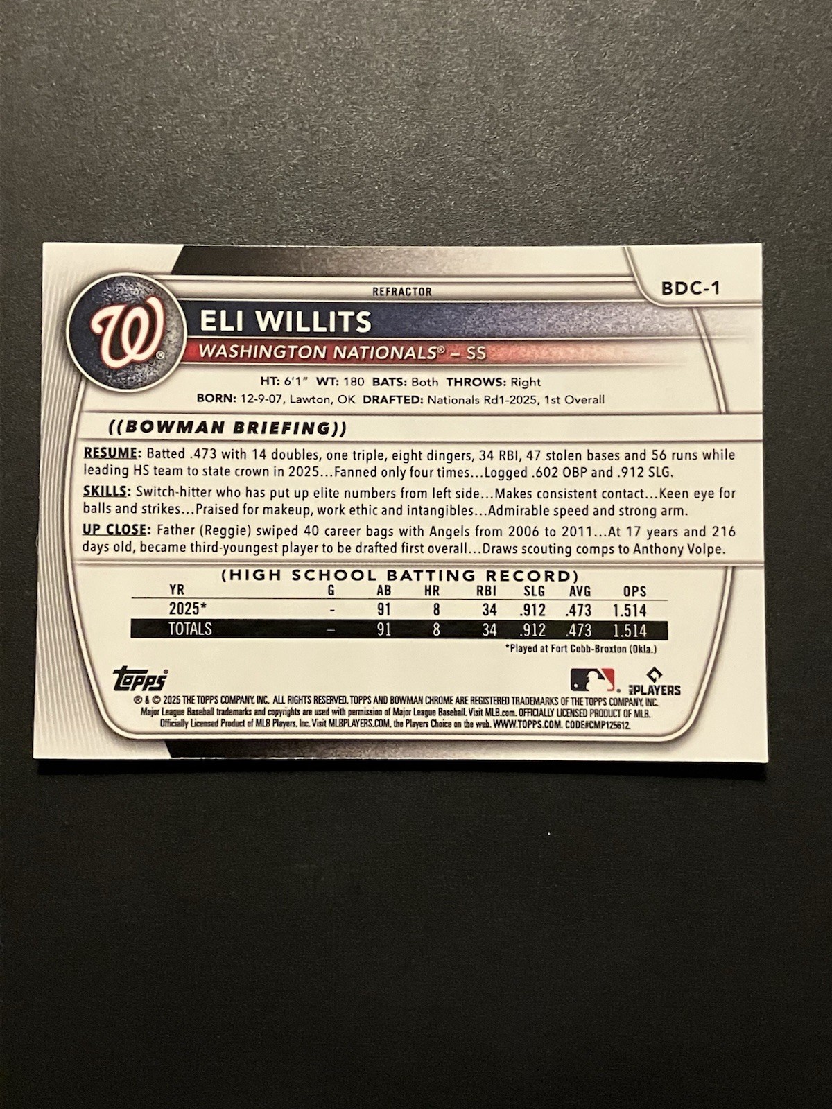 Bowman 2025 Draft Chrome Refractor Eli Willits BDC-1 Washington Nationals