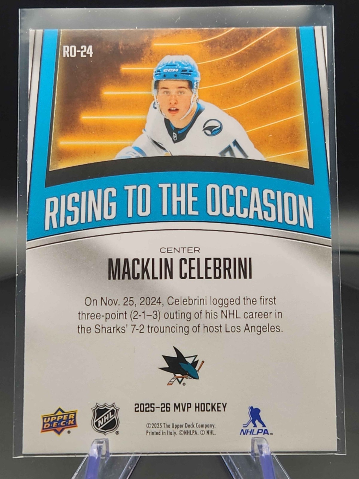 Upper Deck 2025-26 MVP Macklin Celebrini Sharks Rising to the Occasion #RO-24