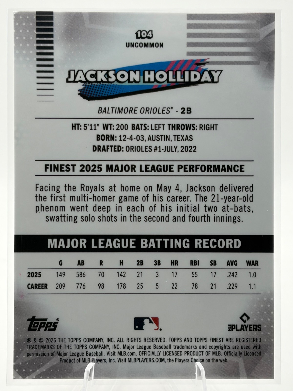 2026 Topps Finest Jackson Holliday Uncommon Refractor “BOOKEND” 30/30 #104