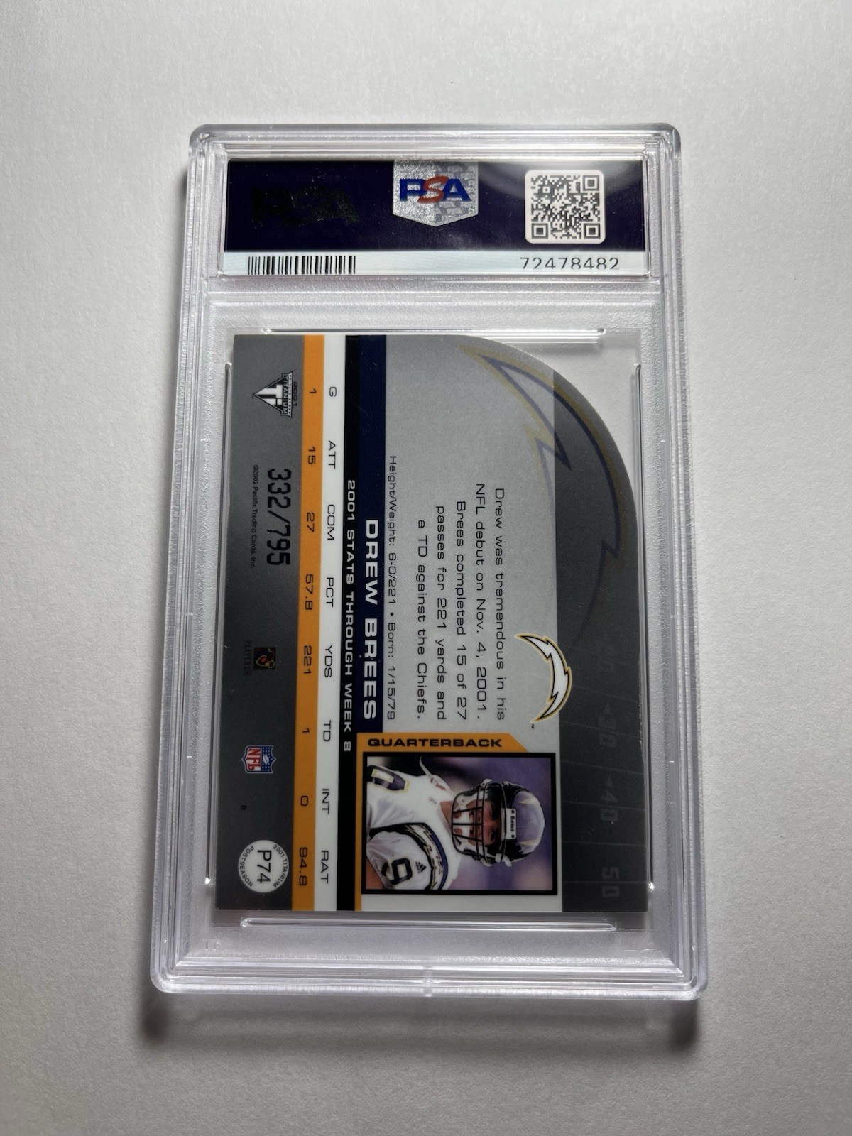 2001 Pacific Drew Brees Rookie /795 Private Stock Titanium RC #P74 Chargers