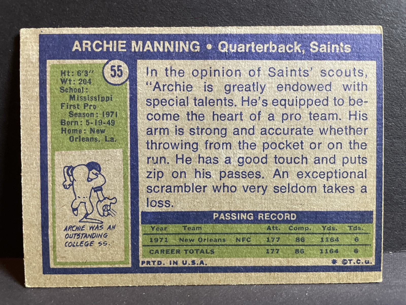 1972 Topps #55 Archie Manning RC New Orleans Saints – Wax Stain