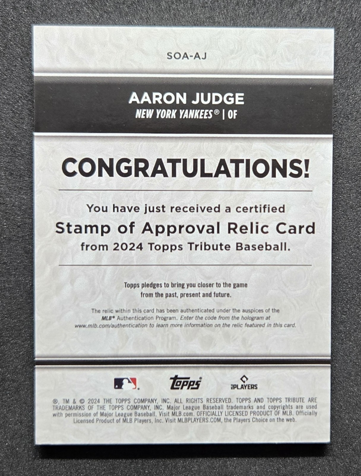 Aaron Judge 2024 Topps Tribute Stamp of Approval Jersey Relic /50 Purple YANKEE