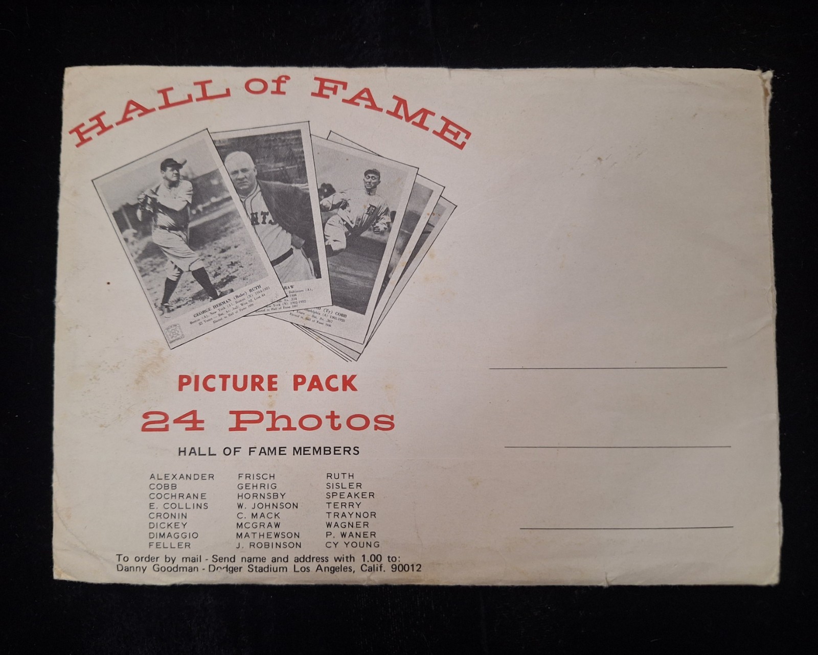 1963 Danny Goodman HALL OF FAME 24 PHOTOS Picture Pack & Envelope RUTH, GEHRIG +