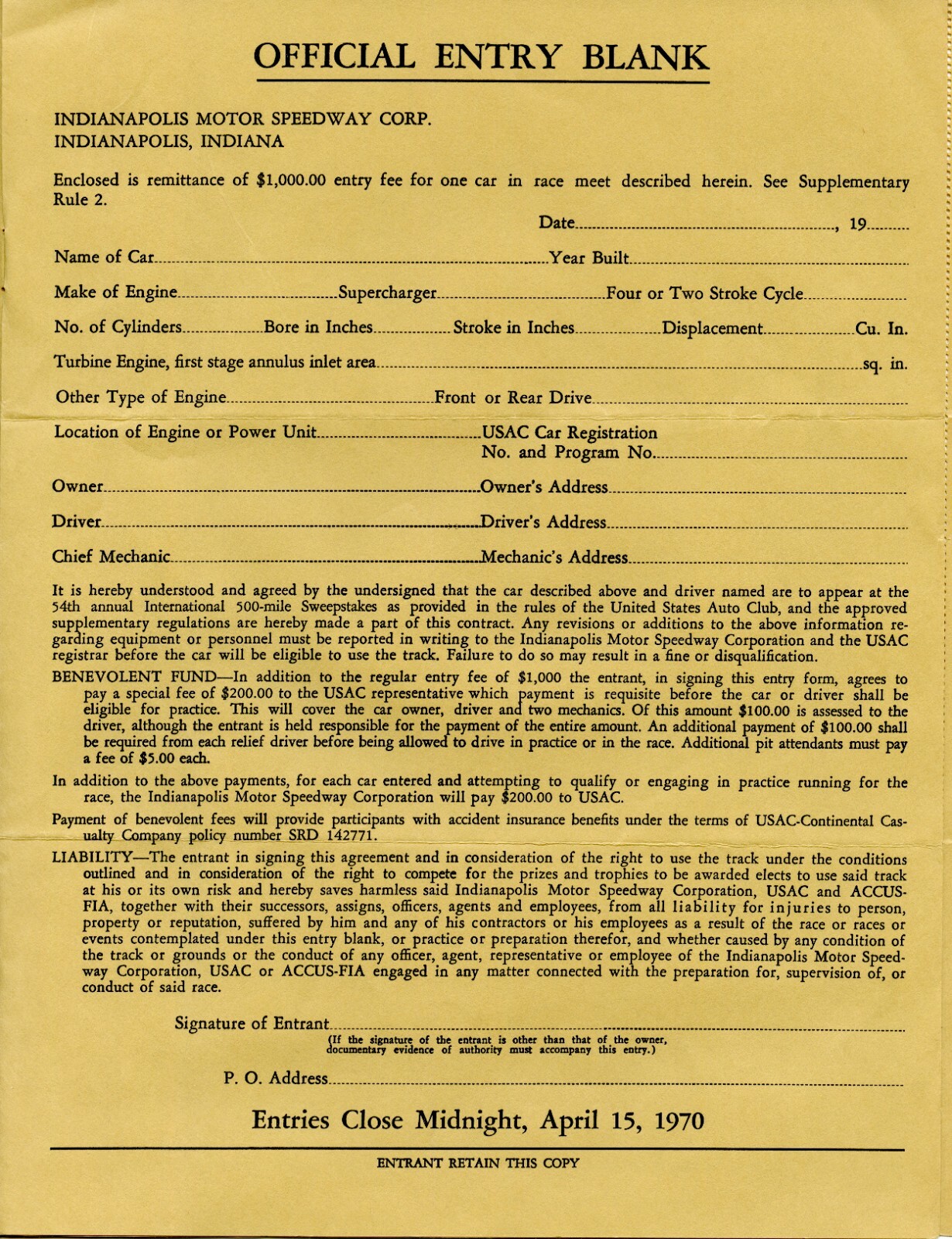 Indy 500 1970 OFFICIAL ENTRY BLANK RULES AND REGULATIONS