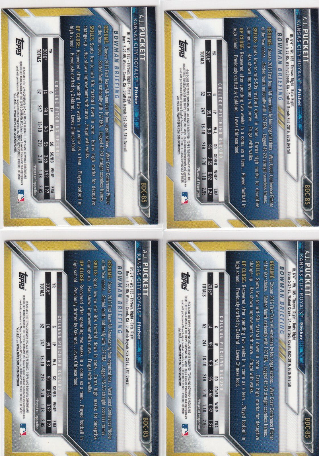 LOT (4) 2016 BOWMAN CHROME 1ST RC A.J. PUCKETT ROYALS FIRST ROOKIE (QTY) S4697