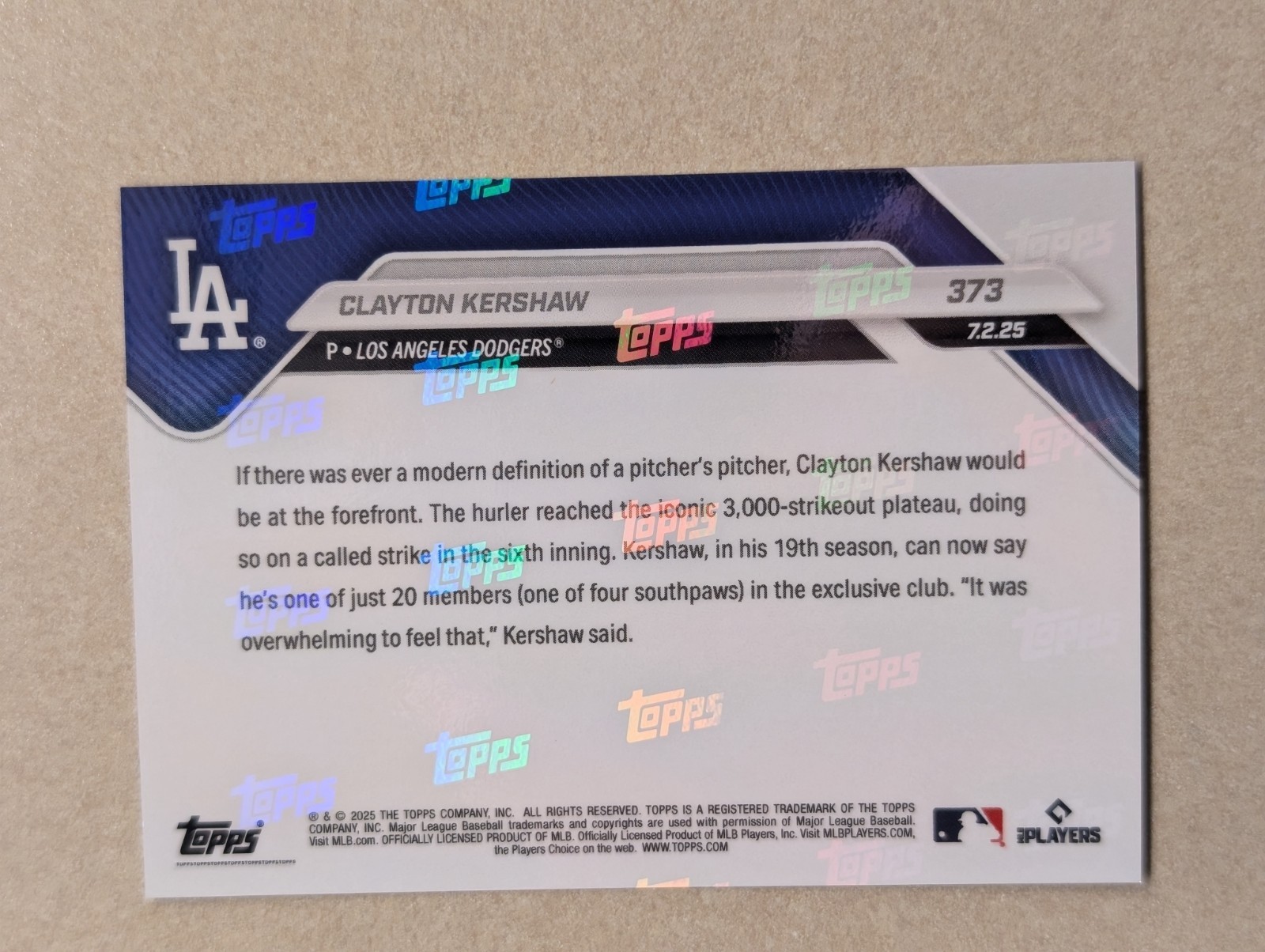 2025 Topps Now #373 – Clayton Kershaw #373 3K Strikeouts Dodgers