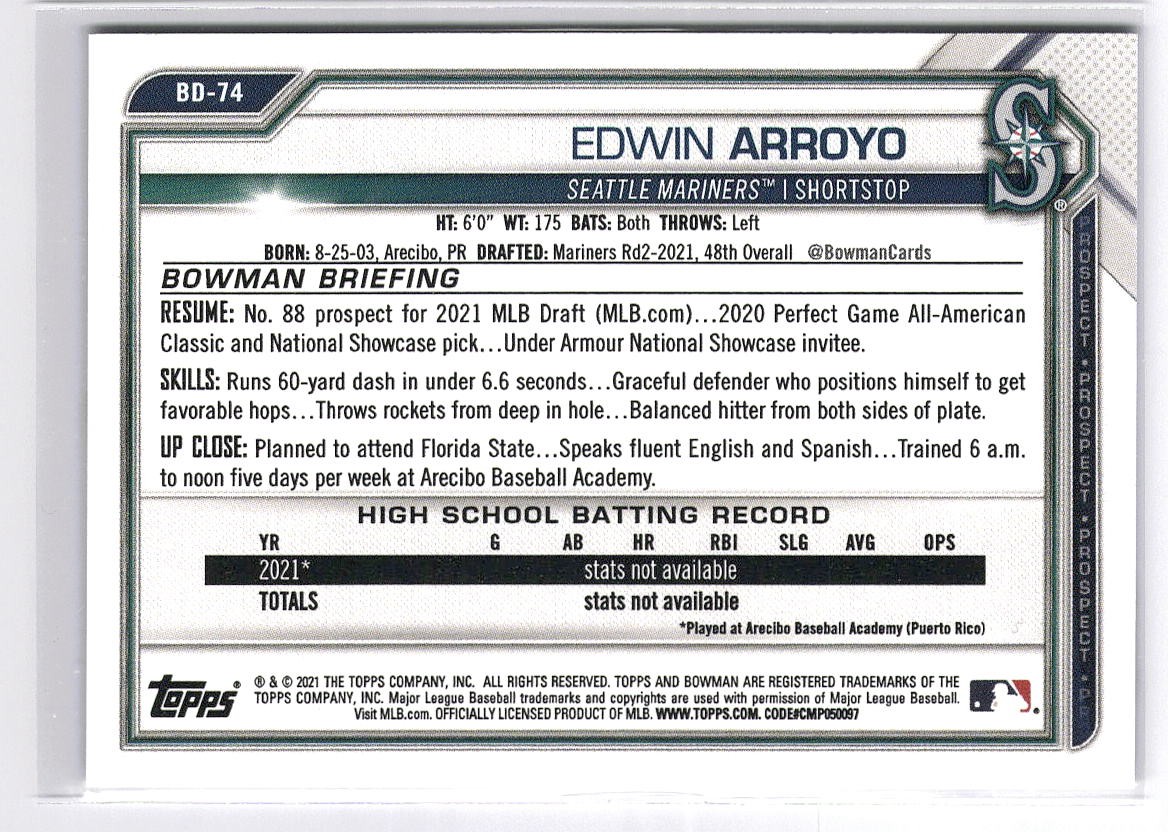 2021 Bowman Draft 1st Edition #BD-74 Edwin Arroyo