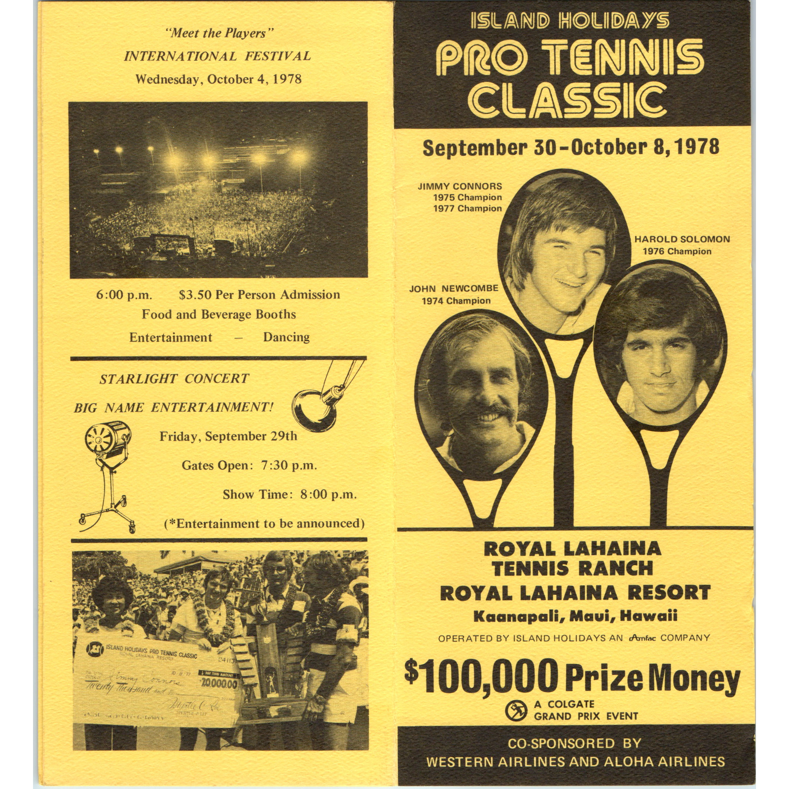 1978 Maui HI Pro Tennis Classic Brochure Royal Lahaina Connors Newcombe Map