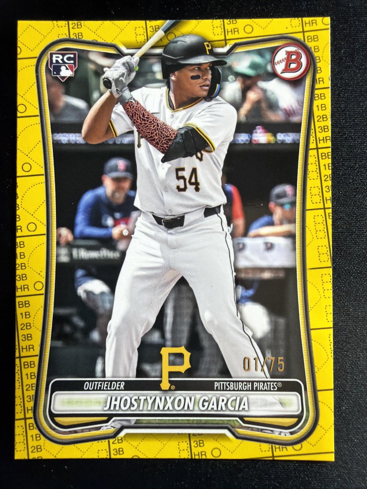 1st on Print Jhostynxon Garcia RC 2026 Bowman Baseball Paper Yellow Pattern /75