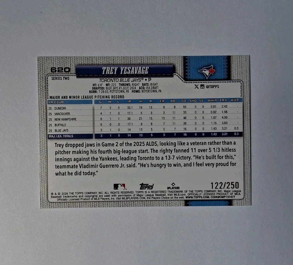 2026 Topps series 2 #620 Trey Yesavage purple rainbow foil /250 (RC)