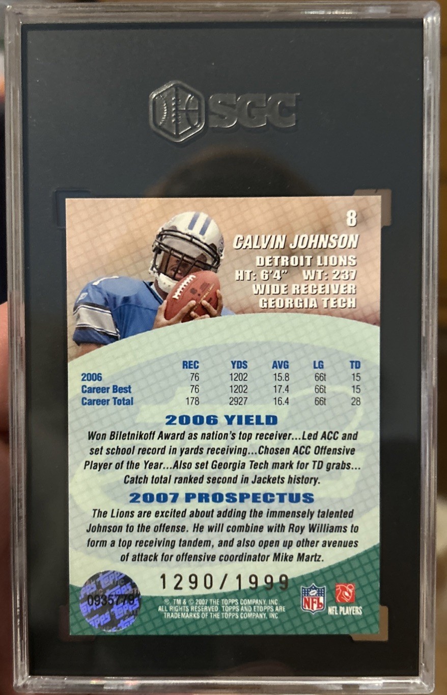 2007 Topps eTopps Calvin Johnson RC /1999 SGC 9 MEGATRON