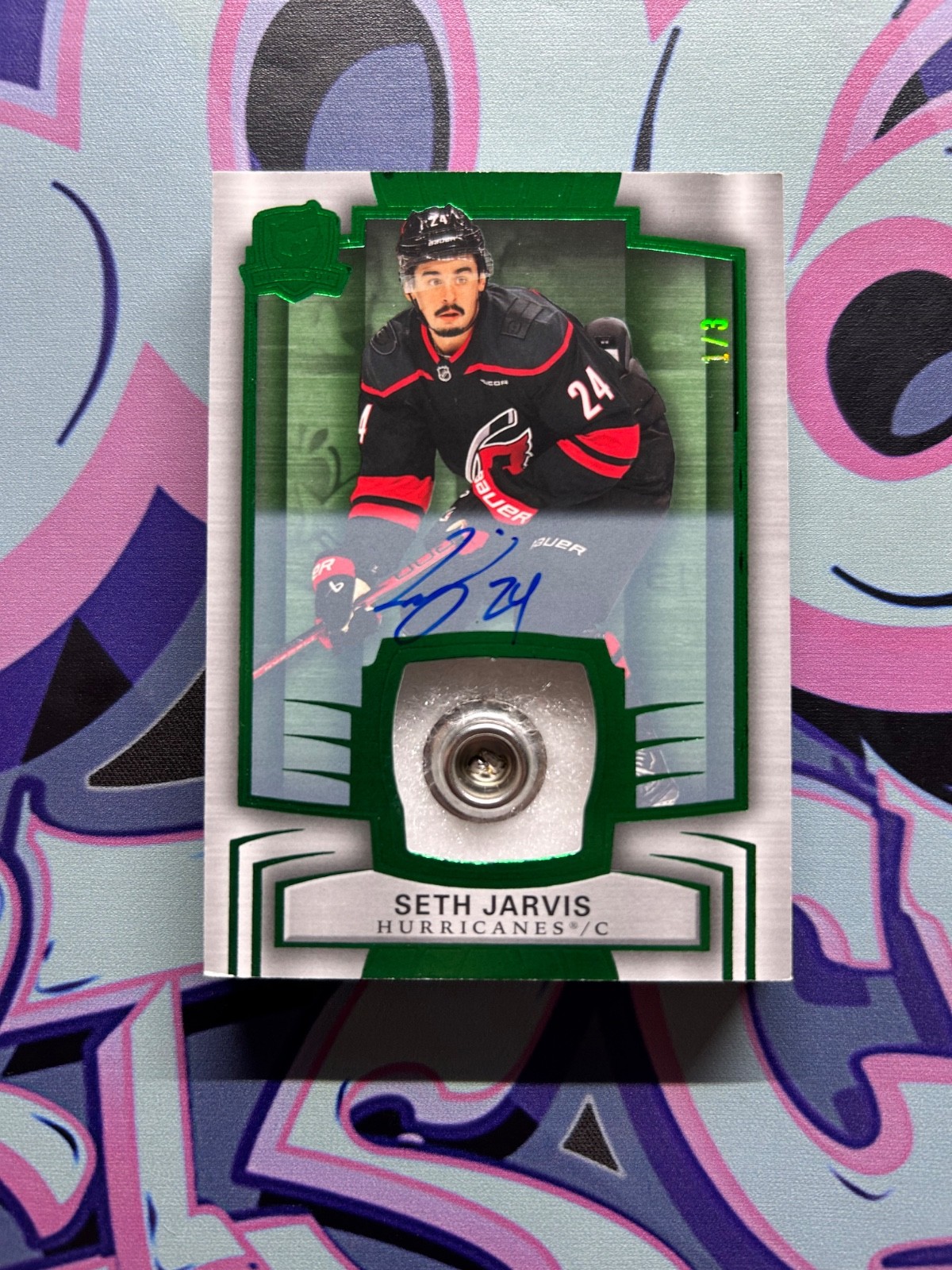 2024 UD THE CUP #78 SETH JARVIS GREEN FOIL BUTTON AUTO 1/3! (PH)