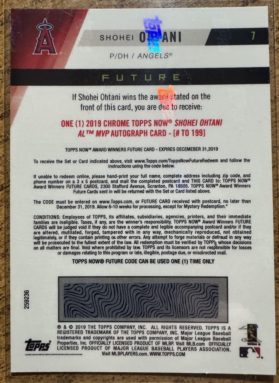2019 Now Future Pack: MLB Award Winners TN-7 Shohei Ohtani Dodgers