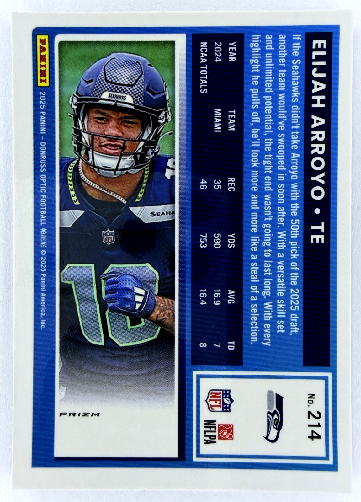 2025 Donruss Optic ELIJAH ARROYO #214 Rated Rookie Holo Prizm – Seattle Seahawks