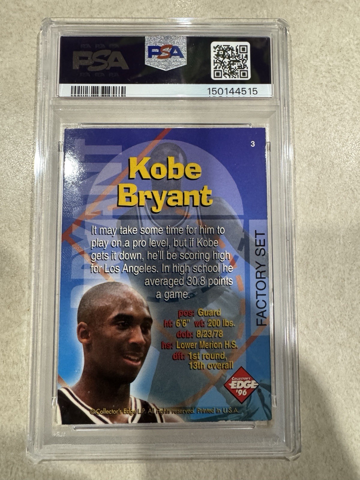 1996 COLLECTOR’S EDGE RADICAL RECRUITS #3 KOBE BRYANT RAD.REC.-HOLOFOIL-FACT.SET