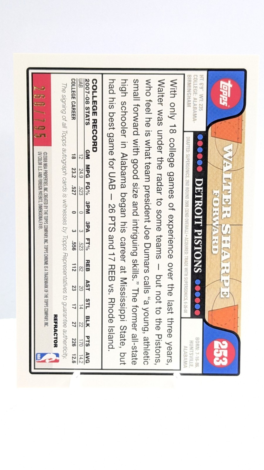 2008-09 Topps Chrome – Walter Sharpe #253 Refractor /795 (AU, RC)