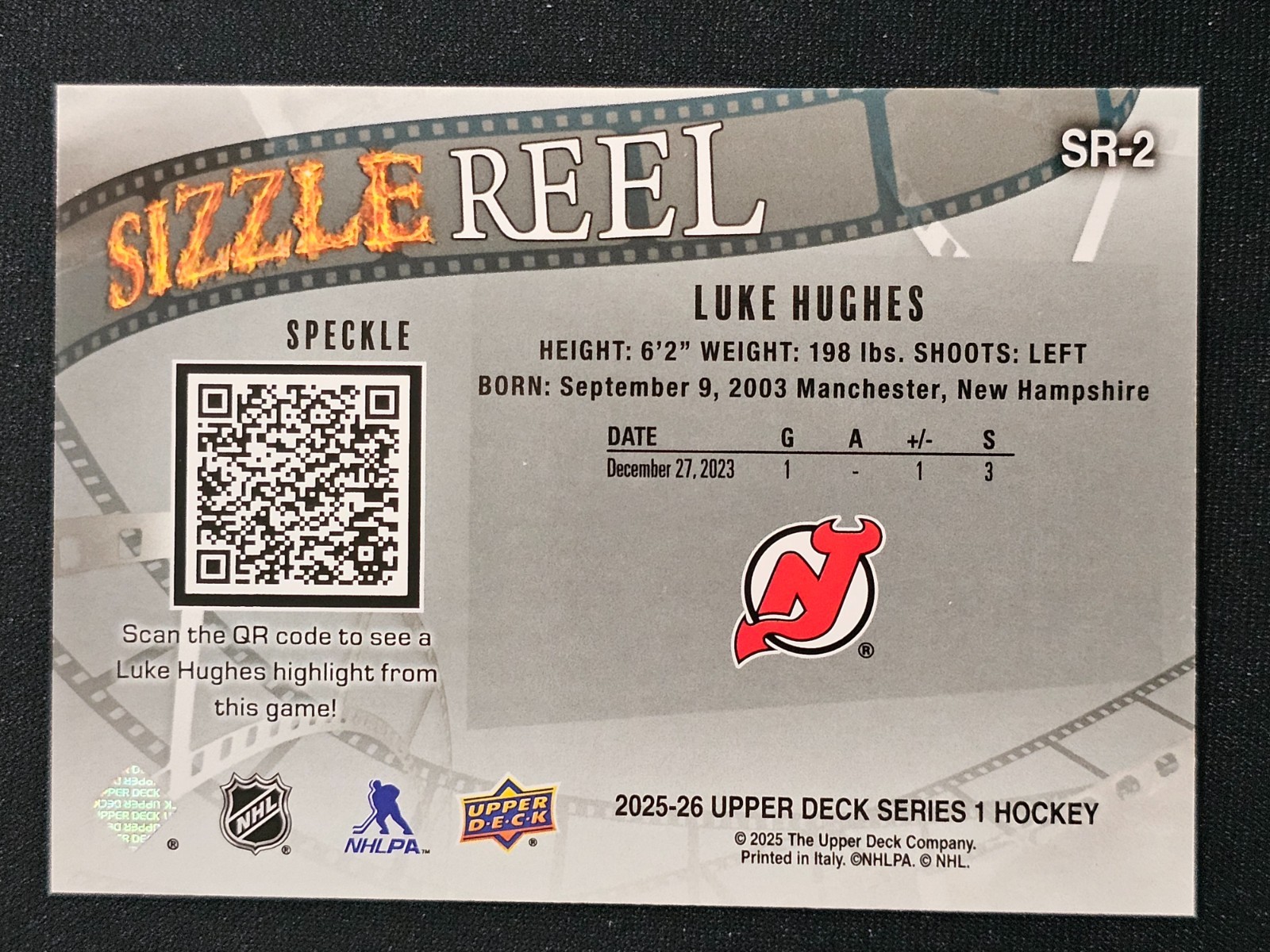 2025-26 Upper Deck Series 1 Luke Hughes SPECKLE Sizzle Reel #SR-2