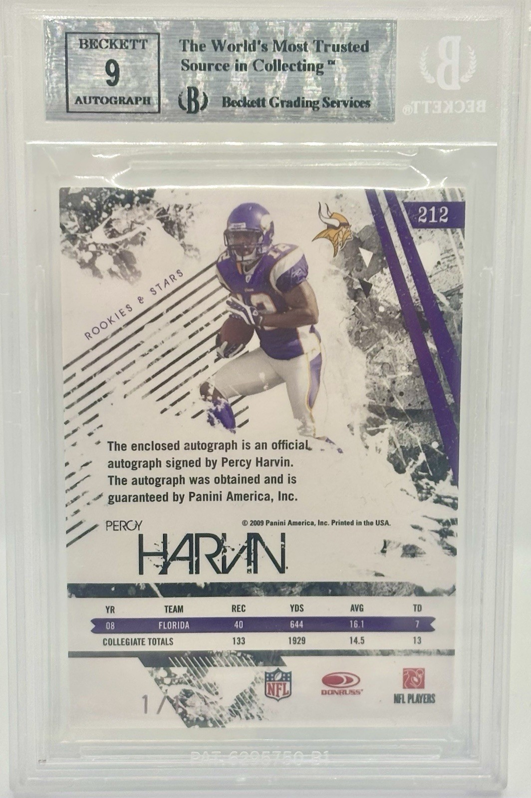2009 Donruss Rookies & Stars Percy Harvin Rookie Logo Patch Auto BGS TRUE 1/1