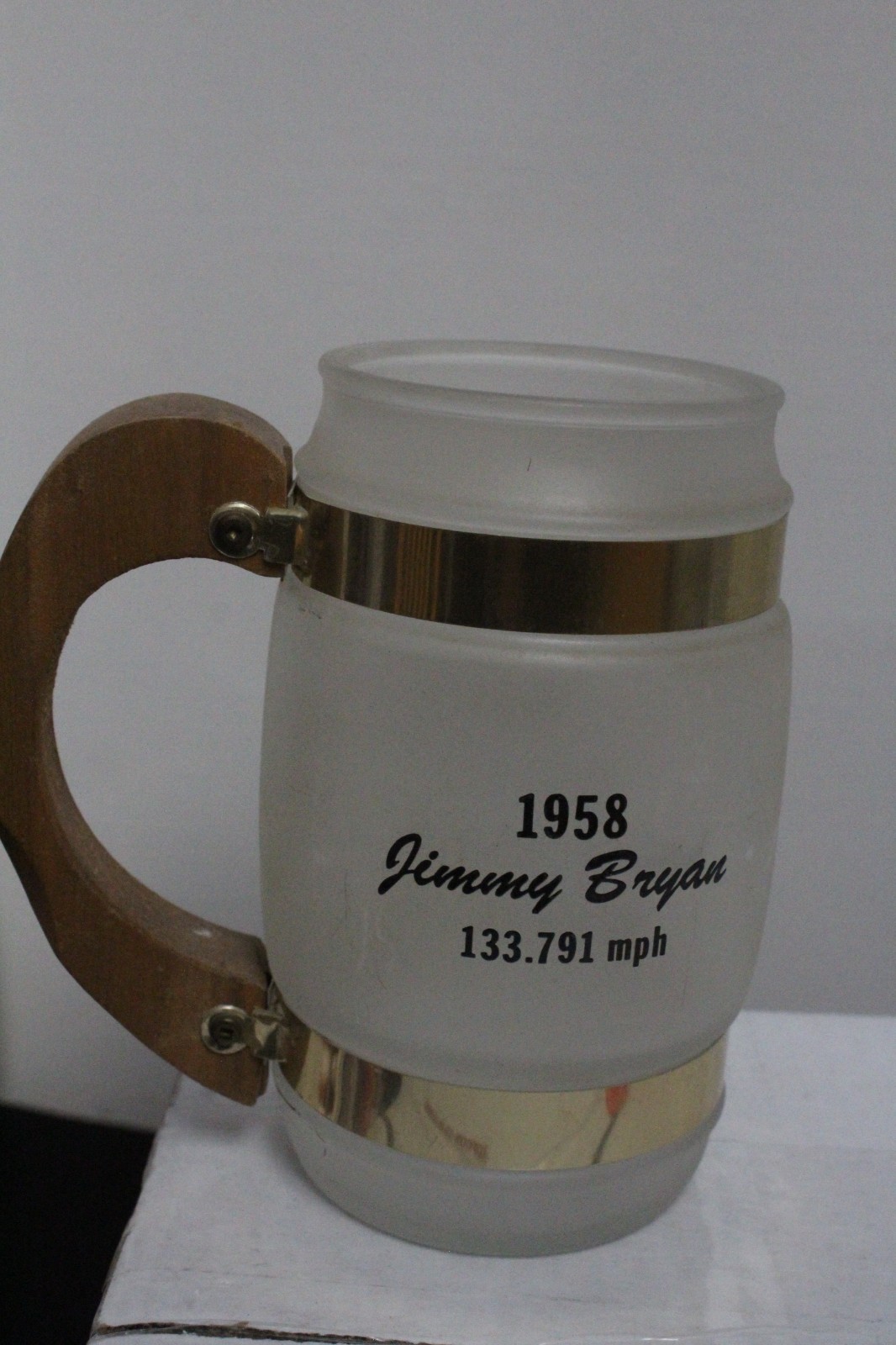 Set of 9 Siesta Ware Indy 500 Frosted Glass, Wood & Metal Mugs 1952-1960