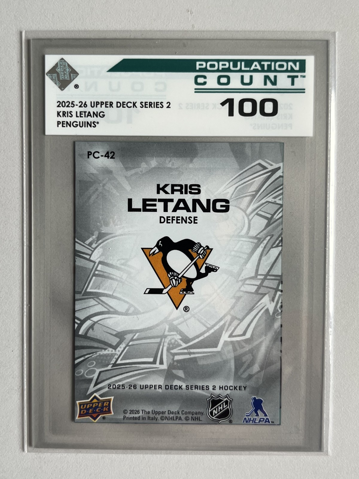 2025-26 – Upper Deck – Pop Count 100 – PC-42 – KRIS LETANG – Pittsburgh Penguins