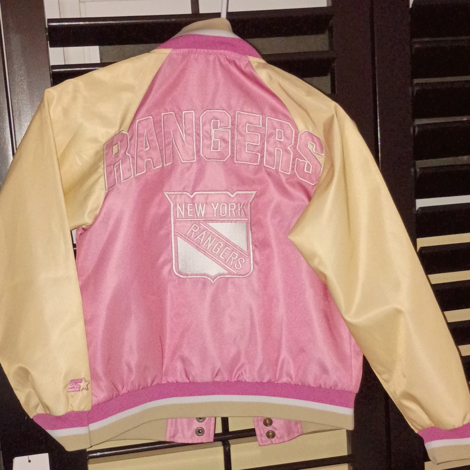 Starter New York Rangers Hockey Pink & Beige Satin Snap-Front Jacket