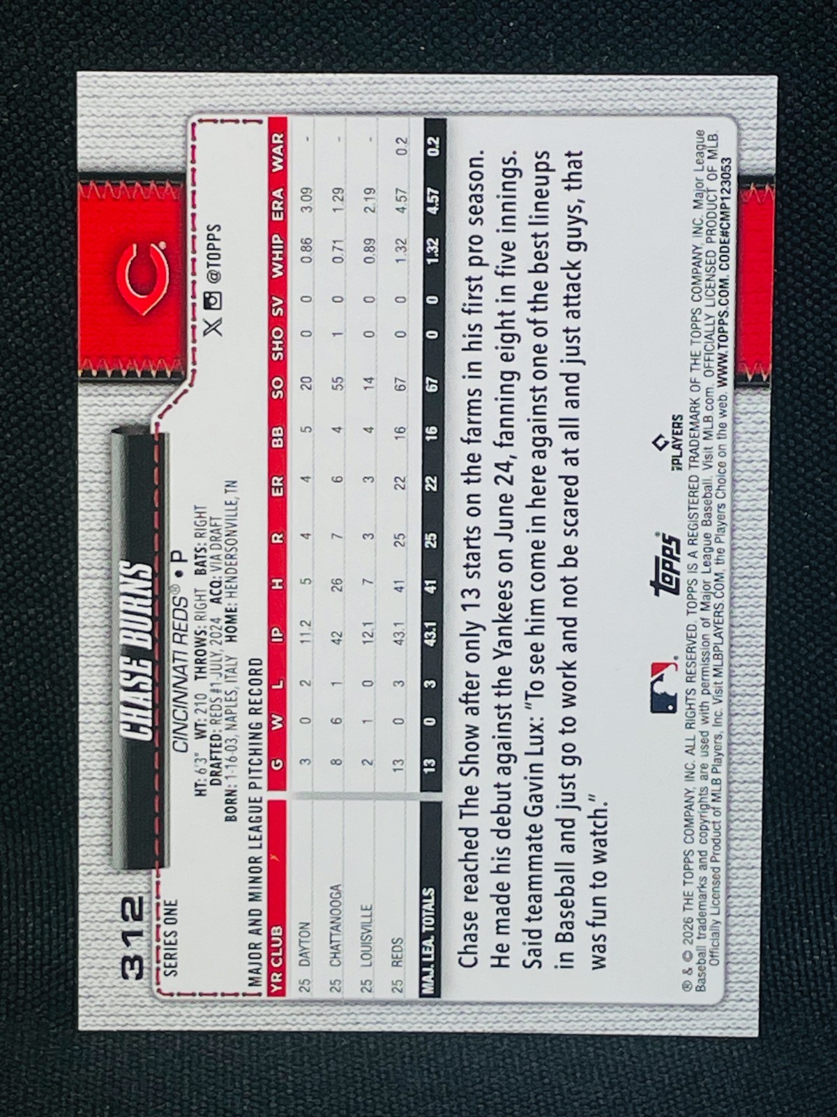 2026 Topps Series One Baseball Card #312 – CHASE BURNS RC – CINCINNATI REDS