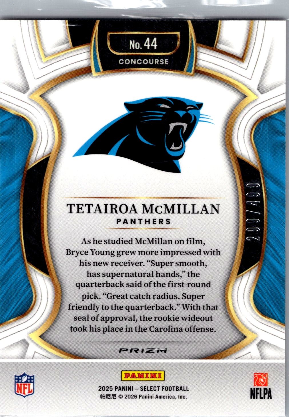 2025 Panini Select #44 Tetairoa McMillan Orange Prizm Shock #/499