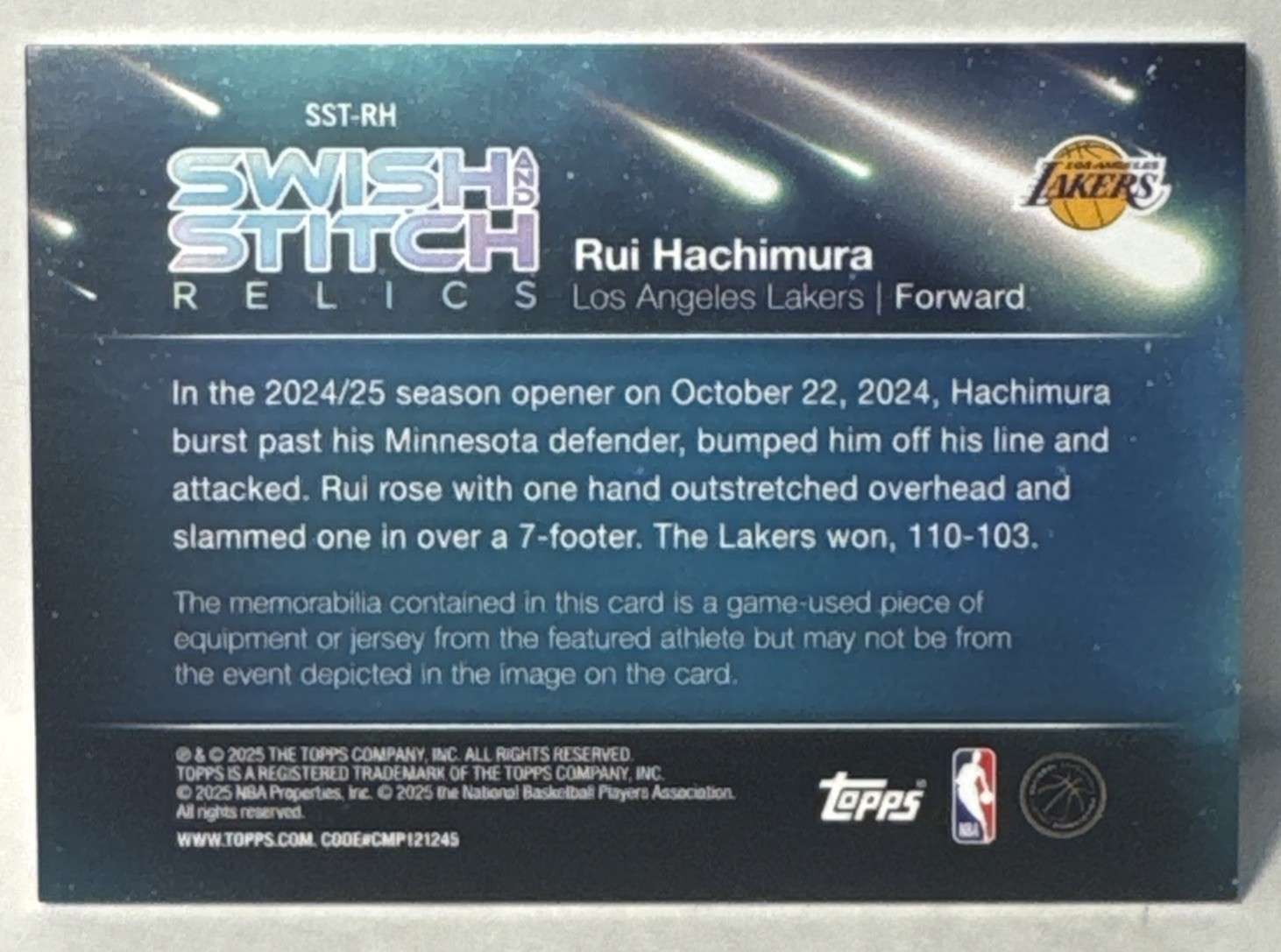 2025-26 NBA Topps Series 1 Rui Hachimura #SST-RH Swish & Stitch Relics Game Used