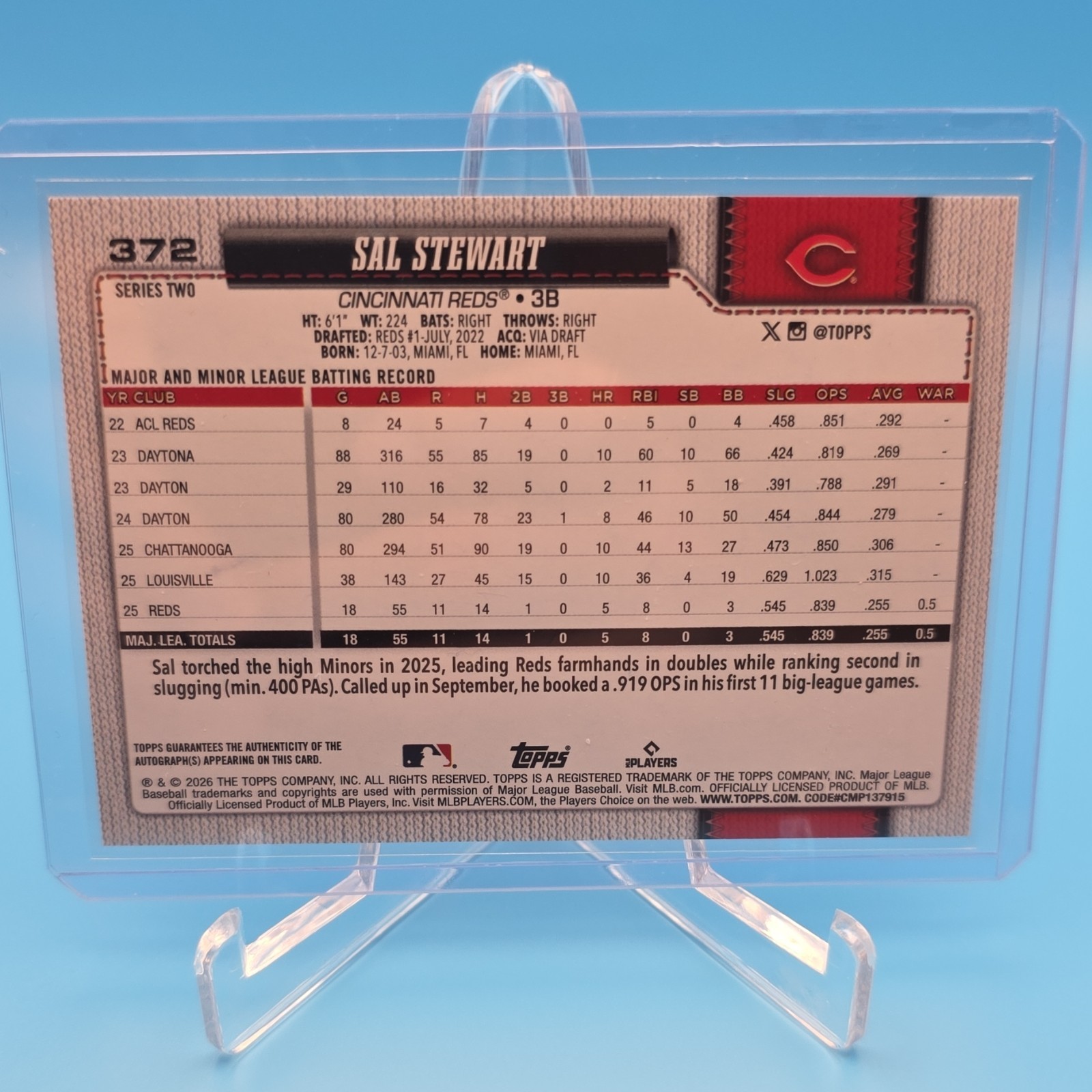 Topps 2026 Series 2 Sal Stewart RC Autograph #372 Cincinnati Reds