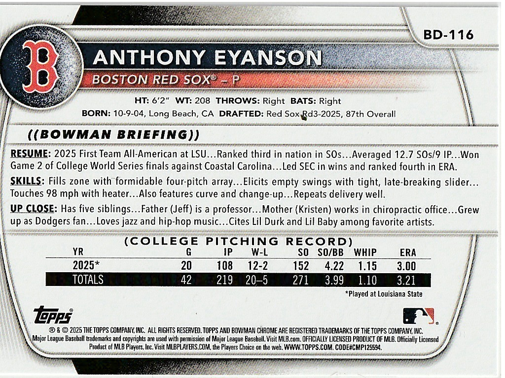 Anthony Eyanson Boston Red Sox 2025 Bowman Draft 1st Bowman ***