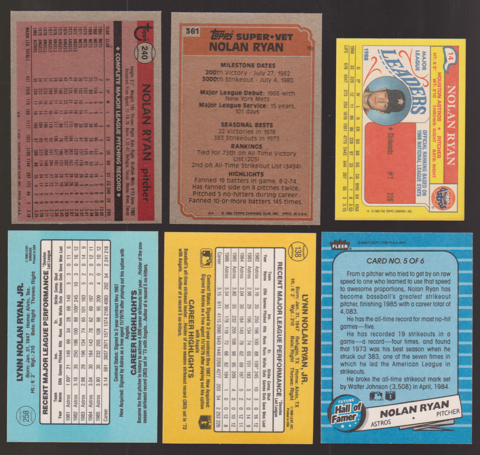 1981 Topps in Nolan Ryan Baseball Card Lot (6) NM Houston Astros 1983 Super Vet
