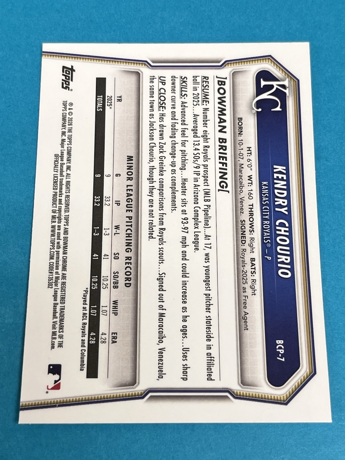 2026 Bowman KENDRY CHOURIO 1st Chrome #BCP-7 Kansas City Royals Qty Avail