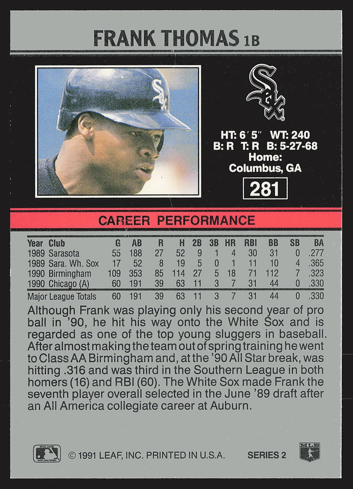 1991 Leaf #281 Frank Thomas