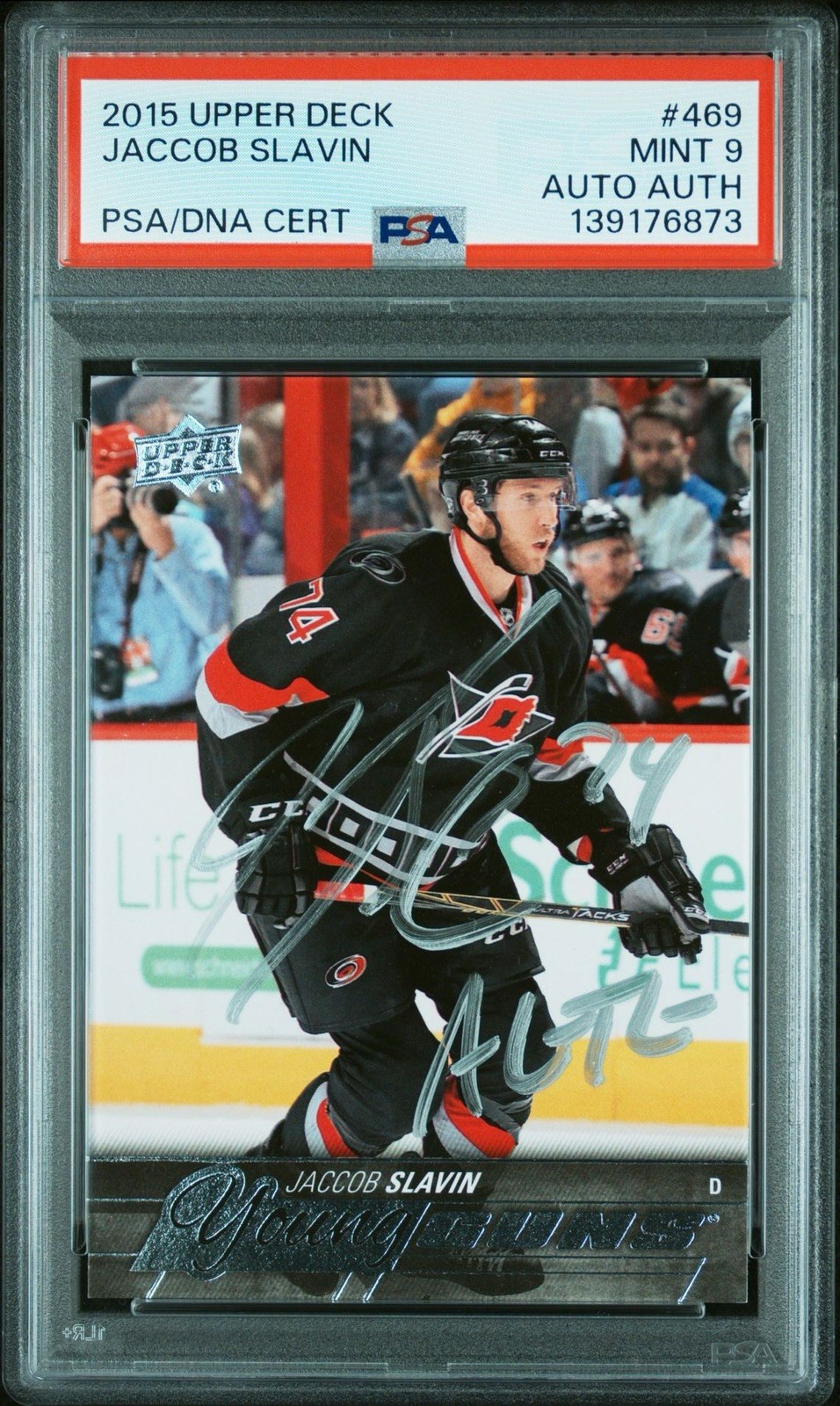 2015-16 Upper Deck Young Guns Jaccob Slavin #469 (RC) Autographed PSA 9